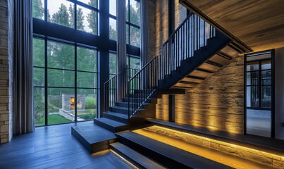 Obraz premium Rustic Modern Staircase Featuring Black Wrought Iron Railings for a Bold Statement