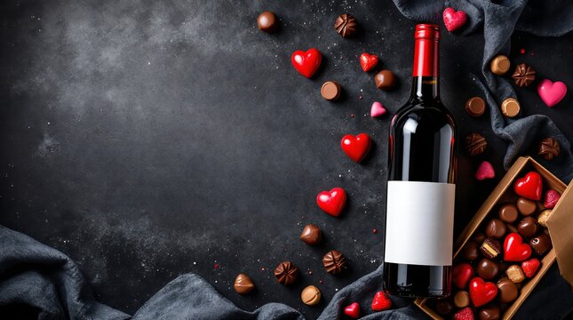 Bottle of red wine with box of chocolate candies on black background. Gift for Valentine's Day, Mother's Day, Women's Day. Backdrop with copy space for banner, greeting card. Top view, flat lay