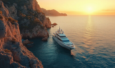 Luxury Yacht Cruising Along a Rocky Coastline for an Exclusive Seaside Experience