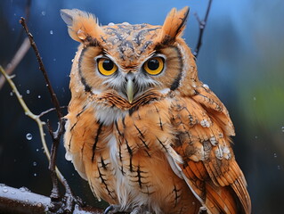 A close-up portrait of an owl with bright yellow eyes, its feathers speckled with rain droplets