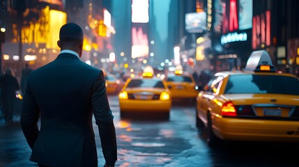 A businessman in a suit walks through a busy city street