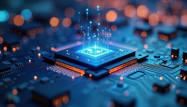 Futuristic tech illustration. Integrated circuit glows with blue light. Data processing visualization. Advanced tech concept shows glowing circuitry. Modern computer chip design. Advanced tech