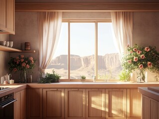 Fototapeta premium A kitchen with a window and a sink. The window has curtains and a view of mountains. There are flowers in vases on the counter
