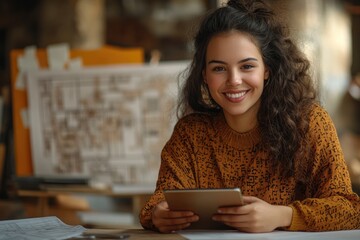 A smiling young woman uses a tablet in a workshop setting, surrounded by design blueprints.