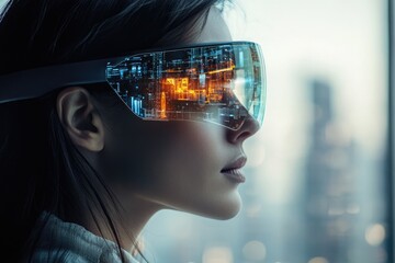 Woman wearing futuristic smart glasses displaying a city's digital overlay.