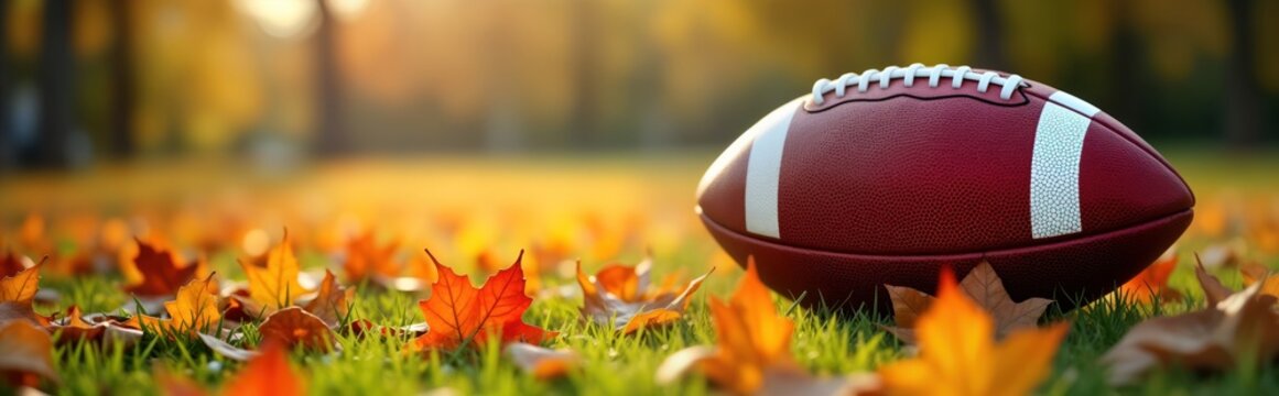 Autumn leaves carpet grassy park. Football rests in fallen foliage. Golden sunlight bathes scene. Perfect for sports themed background, autumn seasonal graphic design, or nature fall backdrop.