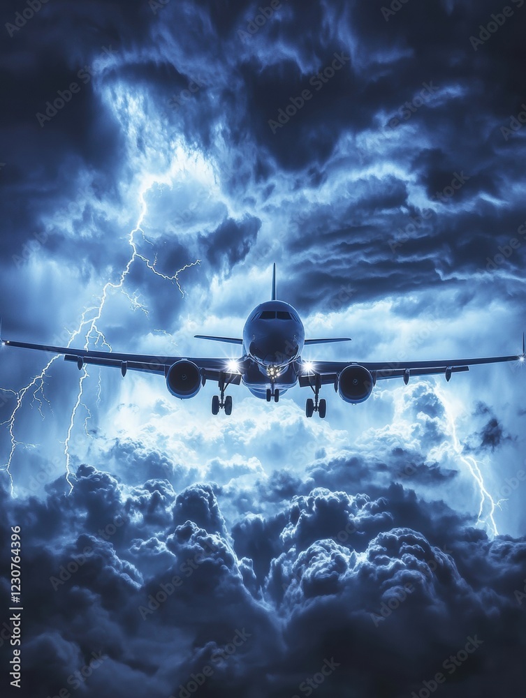 Aufkleber airplane navigates through dramatic stormy clouds with lightning in the distance during evening flig