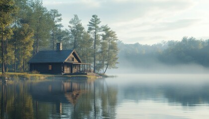 Fototapeta premium Secluded log cabin on a misty lake, surrounded by tranquil forest.