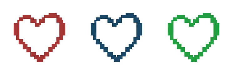 Fototapeta premium Three pixelated heart shapes in red, blue, and green colors, isolated on transparent and white background
