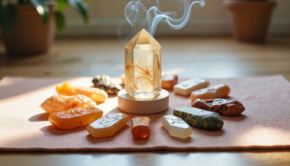 Healing crystal grid on a mat with smoky quartz, citrine, and fluorite in sunburst design with incense