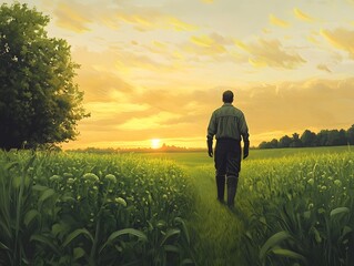 A farmer walks through a verdant field at sunset, wearing rubber boots and looking toward the horizon