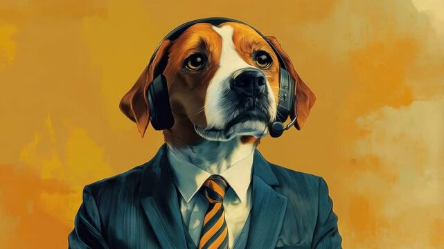 Whimsical dog in suit and headset expresses curiosity and confidence