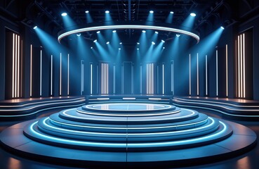 Futuristic stage design with vibrant blue lighting. Circular platform with multiple levels. Modern, stylish lighting effects. Suitable for tv show. Excellent for game show product presentation.