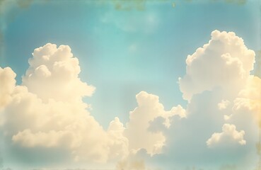 Vintage style sky with big fluffy clouds. Soft pastel colors evoke sense of peace, tranquility. Aged paper texture adds retro touch. Perfect for nature lovers searching for vintage, retro, pastel art.