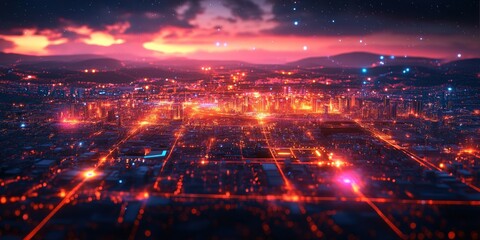 Fototapeta premium Vibrant cityscape evening glow urban skyline digital futuristic environment aerial view technology concept