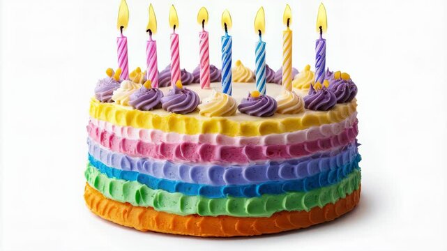 Vibrant birthday cake with flickering candles in gradient rainbow frosting