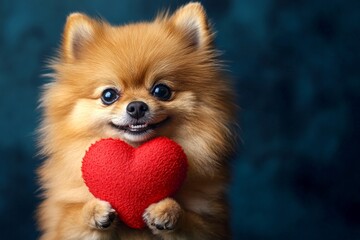 Obraz premium Cute pomeranian doggy with animal toy red heart - sign of love, funny greeting card. Pomeranian - my preferred dog. Digital ads creative art. Red heart and cute dog. Dog cuddling heart.