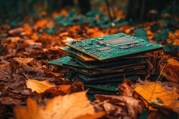 A stack of discarded circuit boards rests amongst fallen autumn leaves, depicting technological obsolescence amidst nature's seasonal change.