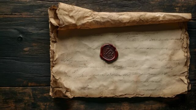 Unfolding antique scroll with wax seal on rustic wooden table