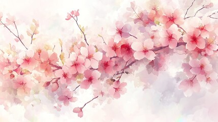 Fototapeta premium Cherry blossoms, soft pastel color palette, watercolor style, white background