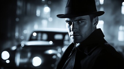 Mysterious Man in Noir Setting Next to Classic Car in Moonlit Night
