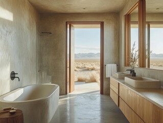 Fototapeta premium A bathroom with a bathtub and a sink. The sink is in the right side of the bathroom