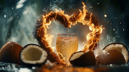 Coconut water and a burning heart-shaped wreath, a fresh and fiery pairing for creative ads.