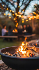 A fire pit in the backyard with friends enjoying the sunset and hanging string lights