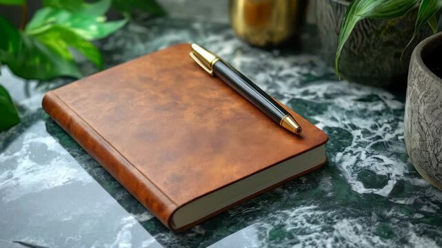 Rustic notebook with pen on leafy marble tabletop