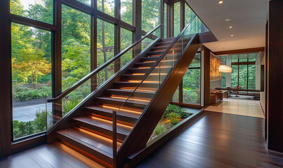 Obraz premium Contemporary Staircase with Dark Wood Railings, Blending Traditional and Modern Styles