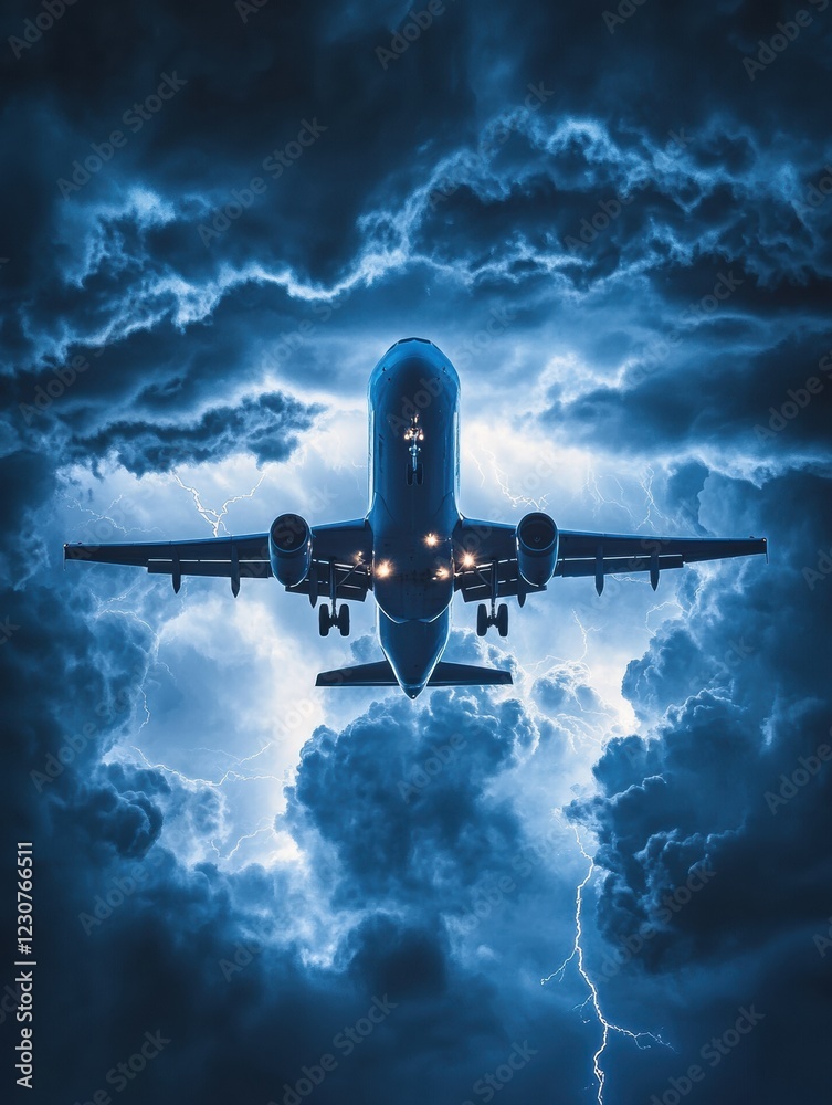 Aufkleber airplane navigates turbulent stormy clouds with brilliant lightning backdrop during evening flight. 