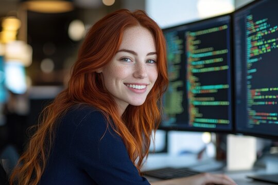 A smiling redhead woman programmer sits before dual monitors displaying lines of code.