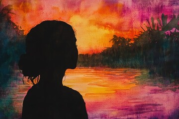 Silhouette of a woman admiring a vibrant tropical sunset over calm waters.