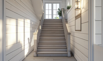 Obraz premium A Modern Farmhouse Staircase Featuring Weathered Wood and Rustic Charm