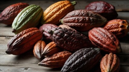 Cacao pods of different colors sit on a worn wooden surface, showcasing their unique shapes