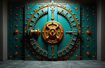 Large teal bank vault with gold armored door stands in room. Vault protects precious stones, gold bullion. Modern security technology implied by door design. Secure, wealthy financial institution.