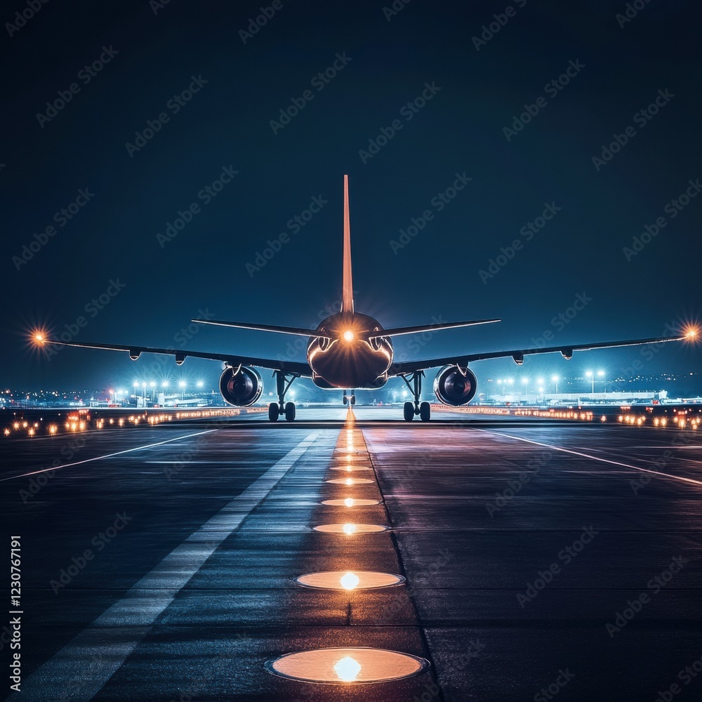 Poster airplane preparing for night takeoff on illuminated runway surrounded by navigation lights. generati