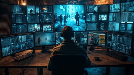Obraz premium Security Operator Monitoring Multiple Screens in Dark Control Room