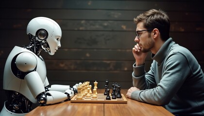 Futuristic scene shows android playing chess against human. Rival players faceoff. Intelligent machine, man compete in strategic game. Wooden table setting. Concentrated figures. Advanced tech