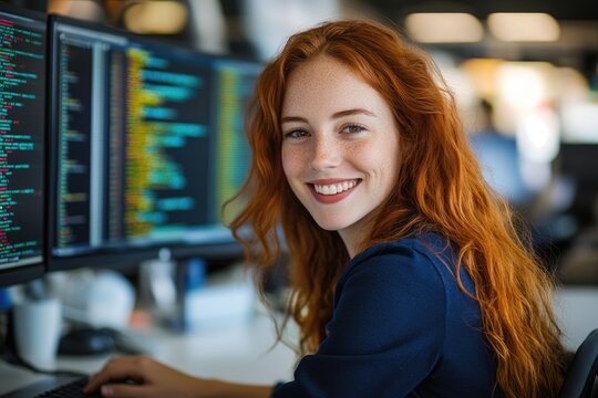 Smiling redhead female programmer working on code at her computer in a modern office.