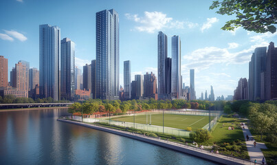 Fototapeta premium Outdoor Sports Complex Surrounded by Towering City Buildings, Offering a Unique Urban View