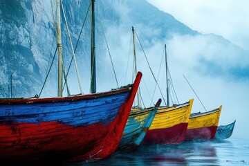 Fototapeta premium Five weathered wooden boats, painted in vibrant hues of blue, red, and yellow, rest in calm water against a misty mountain backdrop.