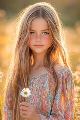 Young Girl in Vibrant Paisley Dress Holding Daisy in Sunlit Field