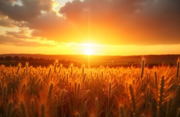 Naklejka premium Golden sunset over wheat field. Horizon, dramatic clouds fill sky. Warm light bathes tall wheat stalks. Peaceful, serene rural landscape. Perfect image for farm, harvest, agriculture themes. Nature