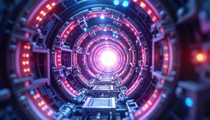 Obraz premium Futuristic tunnel design. Complex tech structures. Circular pathway. Vivid glowing lights. Intricate pattern. Possible fusion reactor prototype. Advanced tech. Energy source. Innovation. Scientific