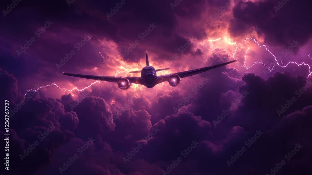 Poster Airplane navigates turbulent skies filled with stormy clouds and lightning during twilight. Generative AI