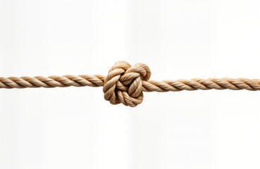 Single knot on light brown rope isolated on white background. Rope texture clearly visible. Simple design element suitable for various projects. Versatile item for nautical rustic themes. Great for