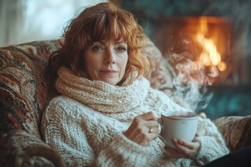 A woman in a cozy knit sweater enjoys a warm drink by a fireplace, feeling relaxed and content.