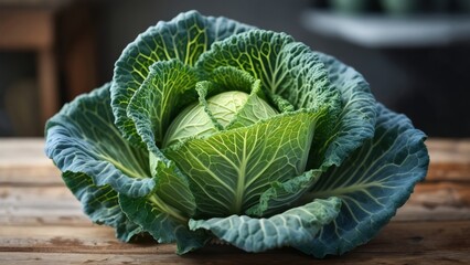 Obraz premium Fresh green cabbage resting on a wooden table in a rustic kitchen