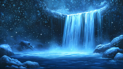 Beautiful blue winter background with falling snowflakes and icy patterns creating a serene, festive atmosphere. Enchanted Falls. Illustration